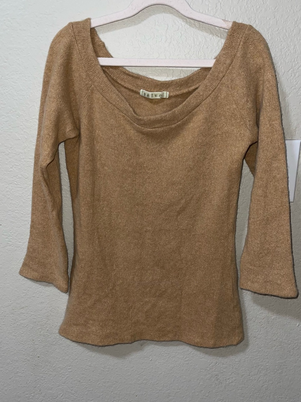 Velvet Off-the-Shoulder Light Brown Knit Sweater